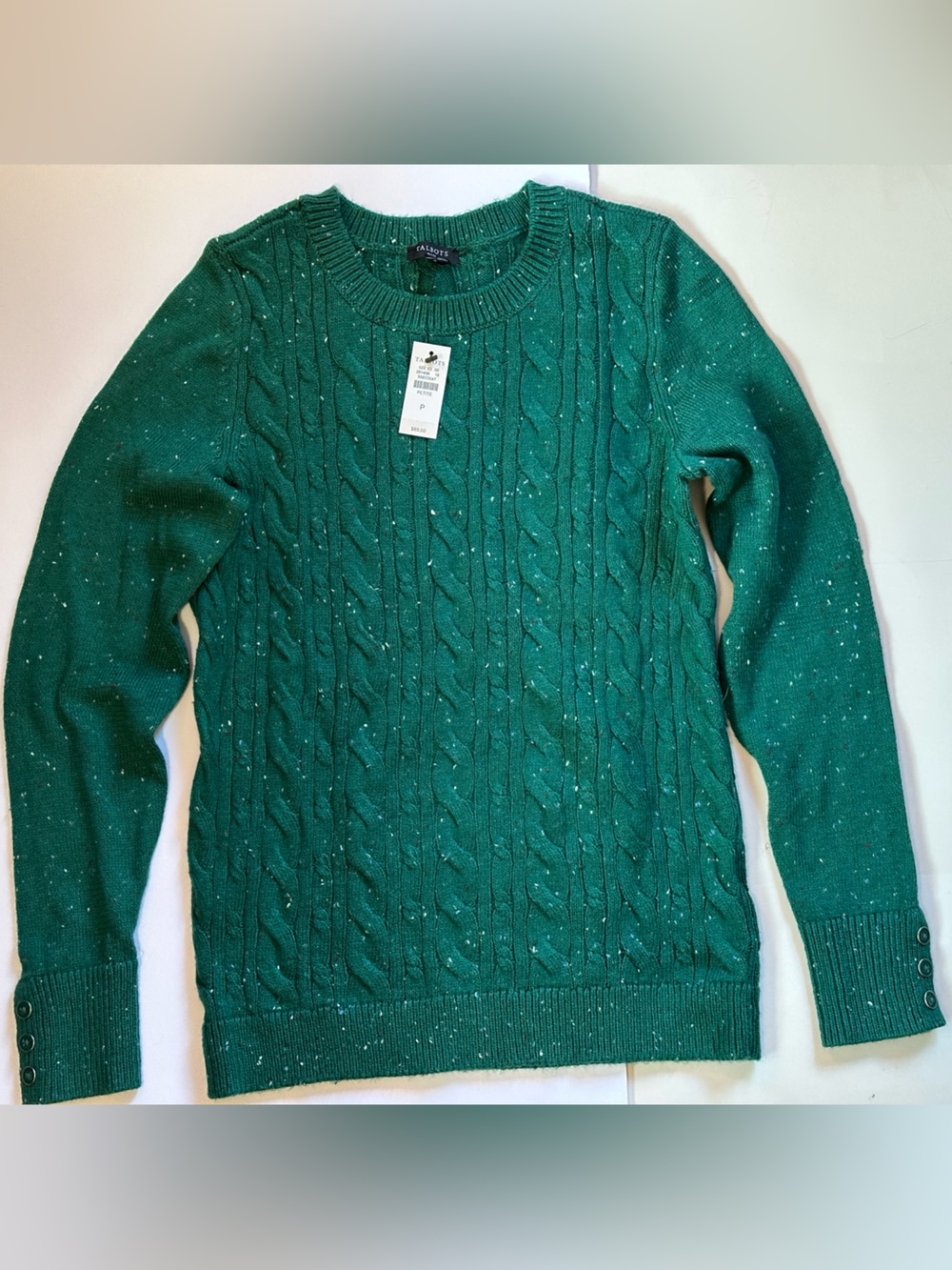 Talbots Teal Green Cable Knit Crewneck Pullover Sweater Women’s NWT petite